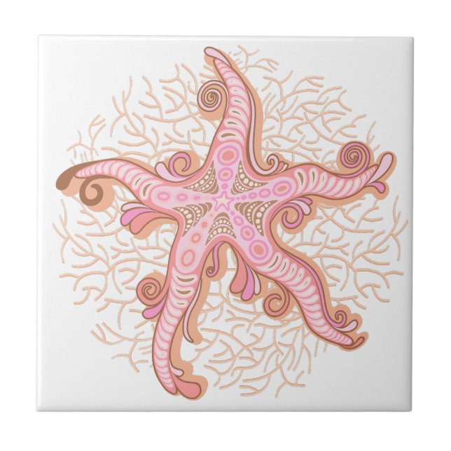 Azulejo Estrellas de mar y coral patrón pastel rosa (Frente)