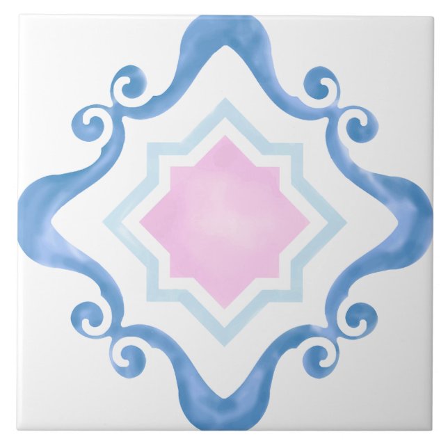 Azulejo Estrellas mediterráneas de cerámica rosa y azul (Frente)