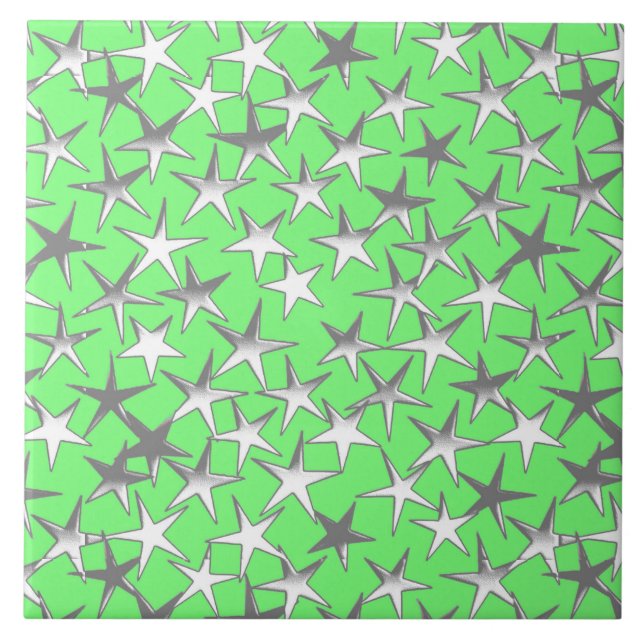 Azulejo Estrellas plateadas, sobre verde lima (Frente)