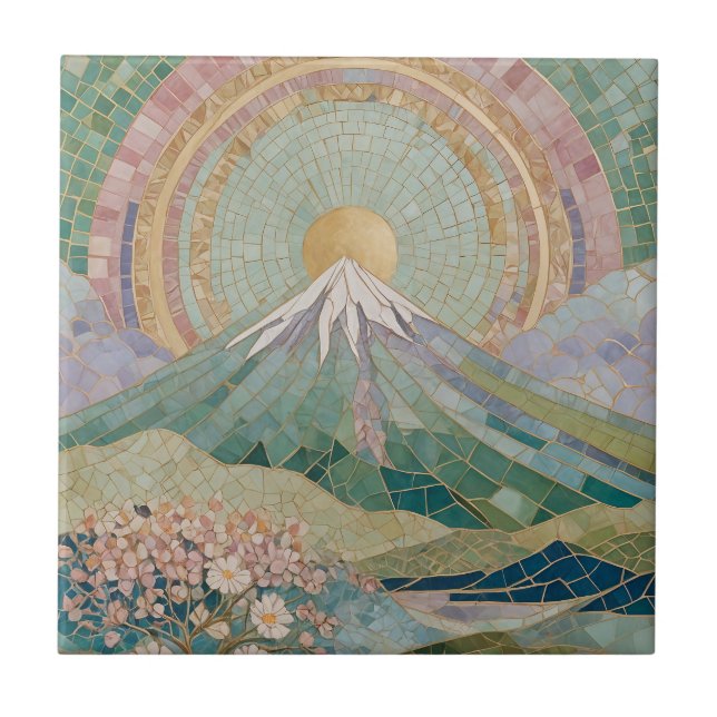 Azulejo Ethereal Bloom: Pastel Mosaic Volcano in Spring (Frente)