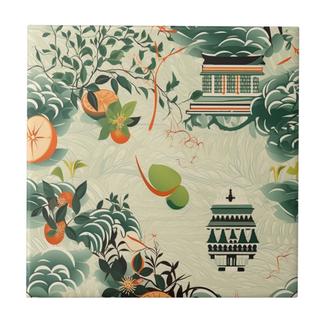 Azulejo Ethereales Orangenmuster mit Zen-Tempeln (Frente)