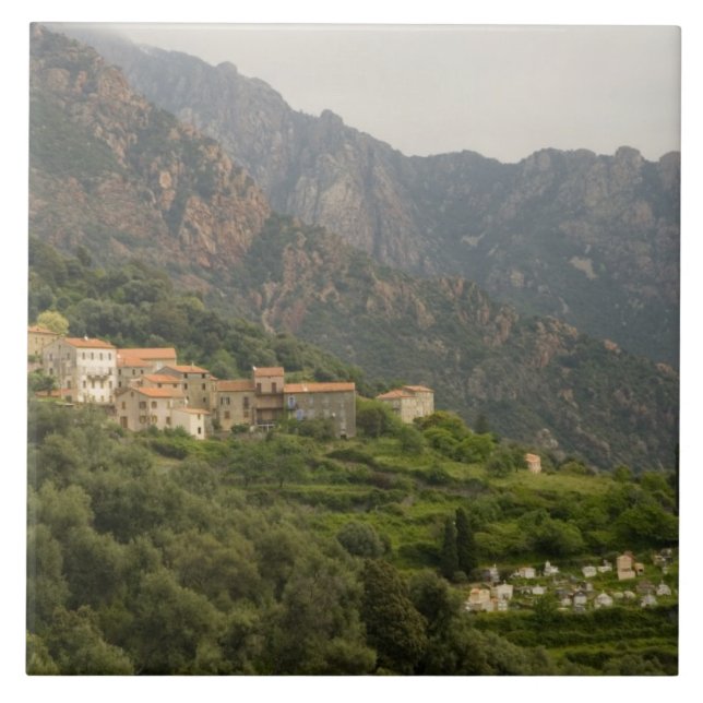 Azulejo Europa, Francia, Córcega, Ota.  Ciudad de Ota y (Frente)