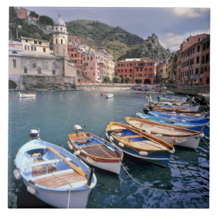 Azulejo Europa, Italia, Vernazza. Barcos pintados brillant