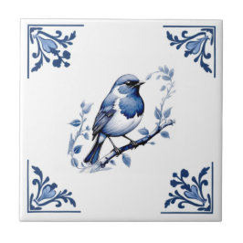 Azulejo Europa Robin Bird Delft Blue Floral Corner
