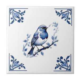 Azulejo Europa Robin Bird Delft Blue Floral Corner