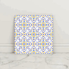 Azulejo European Floral Blue and Gold Geometric Mosaic 
