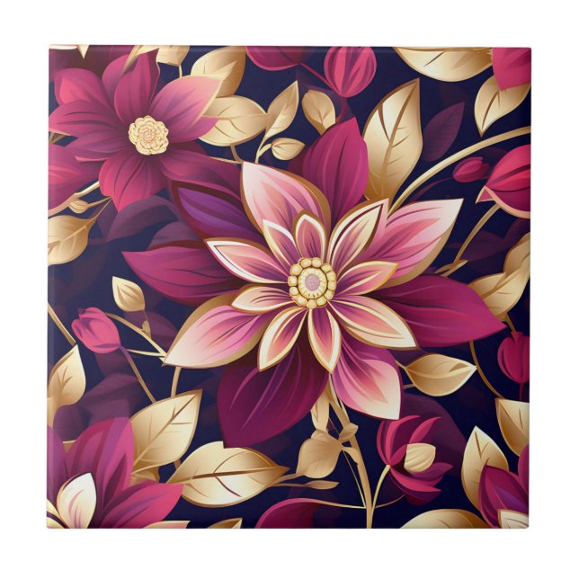 Azulejo Explosión Floral De Borgoña Y Oro (Frente)