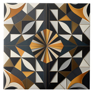 Azulejo Explosión solar geométrica de carbón y ocre