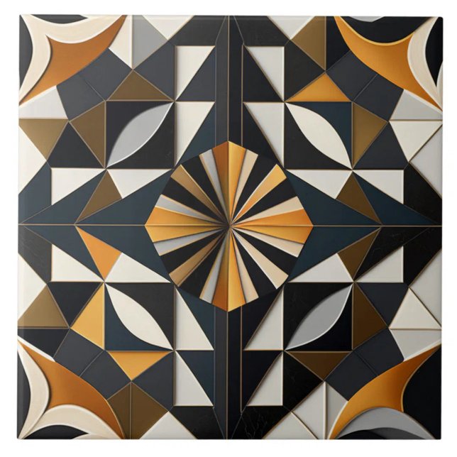 Azulejo Explosión solar geométrica de carbón y ocre (The complete printed tile design. Tiles sold individually.)