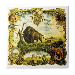 Azulejo Exposición Pan Am con Motivos de Bisonte y Nativos