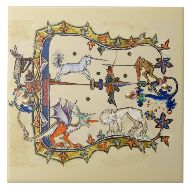 AZULEJO EXTRAÑO BESTIARIO MEDIEVAL, MONO DE LUCHA UNICORN (Frente)