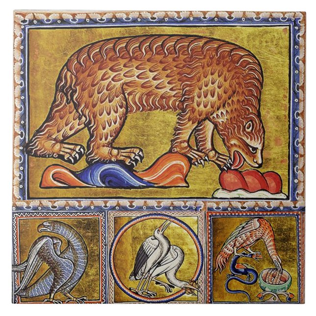 AZULEJO EXTRAÑO BESTIARIO MEDIEVAL, OSO, AVES DE ANIMALES  (Frente)