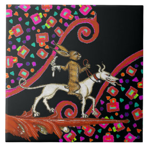 Azulejo EXTRAÑO conejo BESTIARIO MEDIEVAL montando un perr