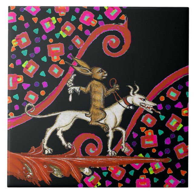 Azulejo EXTRAÑO conejo BESTIARIO MEDIEVAL montando un perr (Frente)