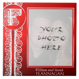 Azulejo F Monograma "Blanco encaje sobre rojo" con foto - 