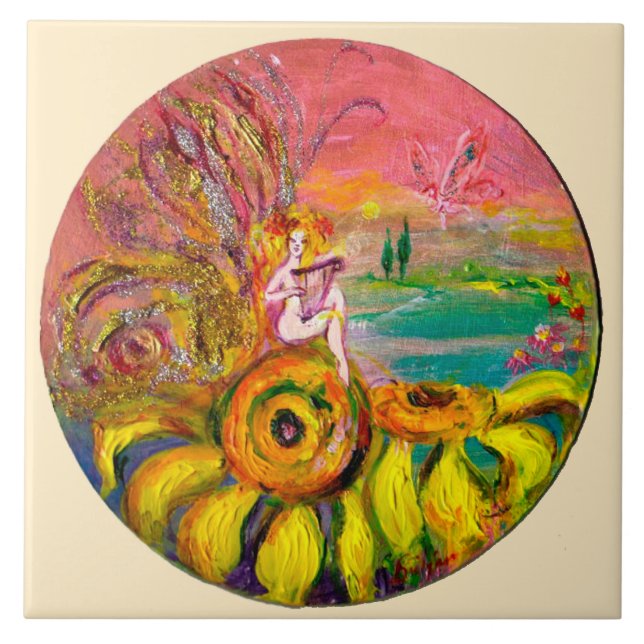 Azulejo FAIRY OF THE SUNFLOWERS yellow pink ivory (Frente)