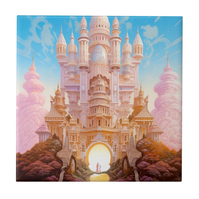 Azulejo Fairy Tale Castle Pink White Gold Fantasma Art (Frente)