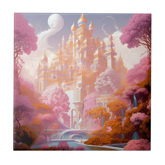Azulejo Fairy Tale Castle Pink White Gold Fantasma Art (Frente)