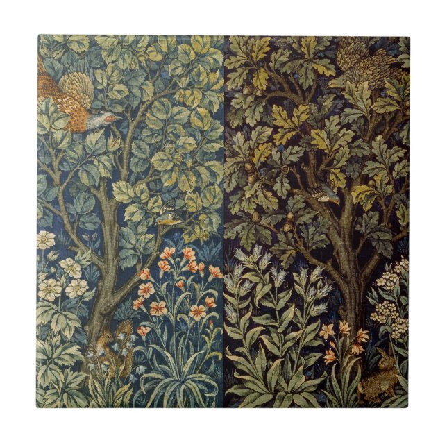 Azulejo Faisán gallo de William Morris ave del bosque árbo (Frente)
