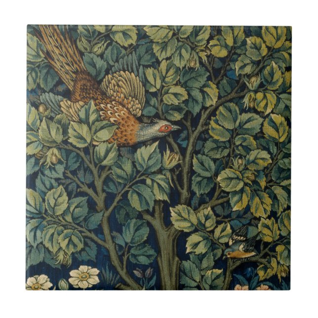 Azulejo Faisán pájaro árbol bosque William Morris (Frente)