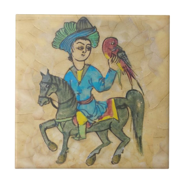 Azulejo Falconer en caballo c1900 Repro Persa turco (Frente)