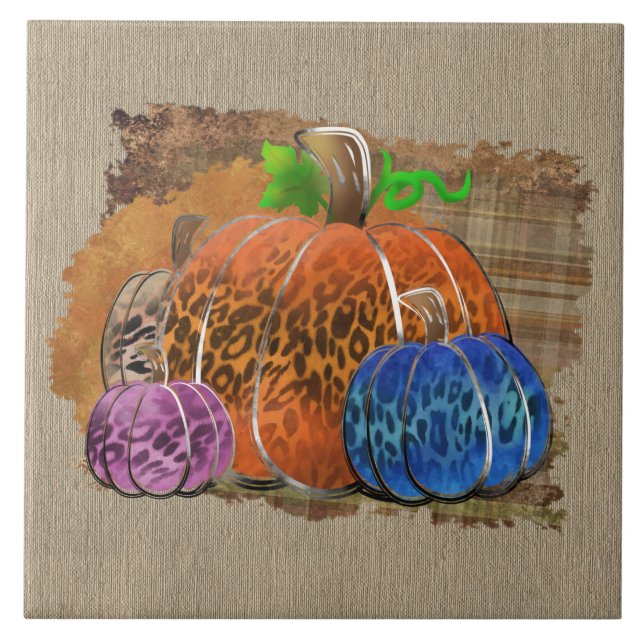 Azulejo Fall Leopard Print Autumn Pumpkins On Plaid  (Frente)