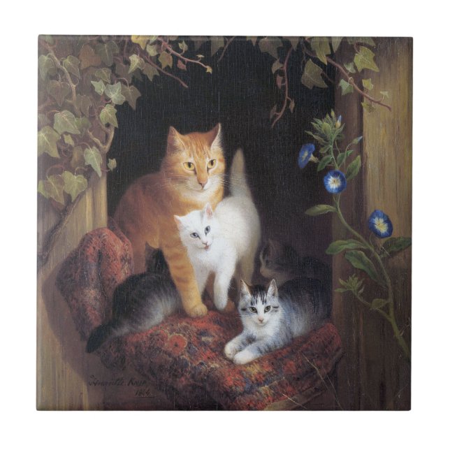 Azulejo Familia Cat y hoja de marfil de Henriette Ronner-K (Frente)
