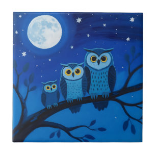 Azulejo Familia de búhos nocturnos bajo la luz de la luna