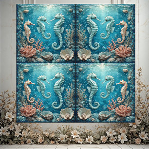 Azulejo Familia de caballitos de mar costeros Corales del 