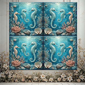 Azulejo Familia de caballitos de mar costeros Corales del
