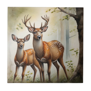 Azulejo Familia de ciervos en claro del bosque fauna