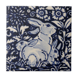 Azulejo Familia de Conejo Blanco Azul Floral Marina Chinoi