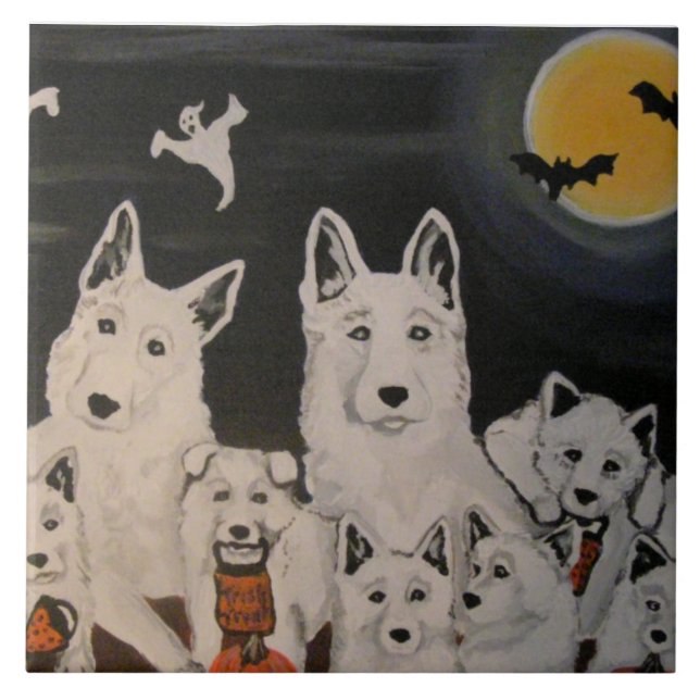 Azulejo Familia de perro blanca de Halloween (Frente)