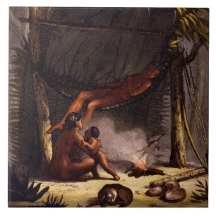 Azulejo Familia del nativo americano bajo refugio de la