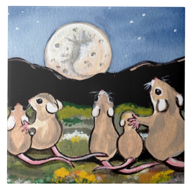 Azulejo Familia del ratón viendo la luna 6" Tile Trivet (Frente)