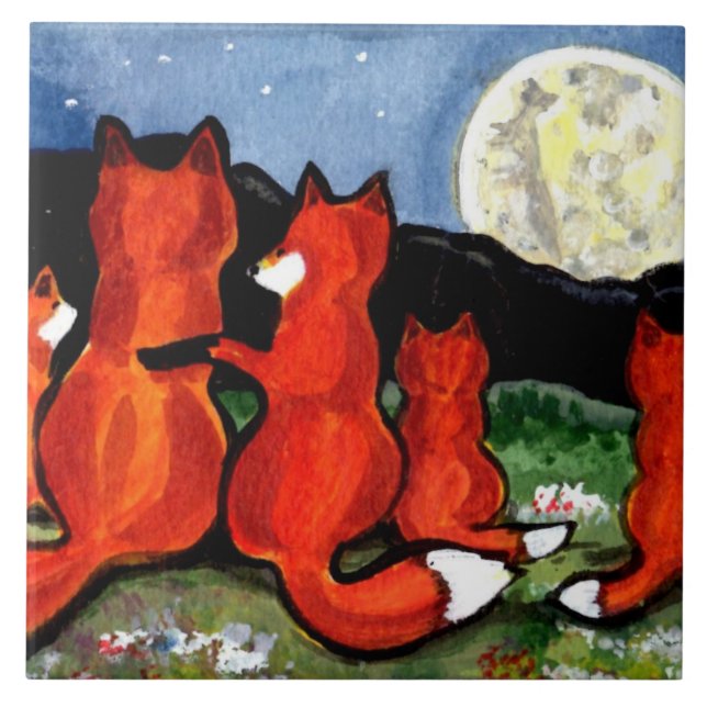 Azulejo Familia Fox observando la luna azul oscuro 6" Tile (Frente)