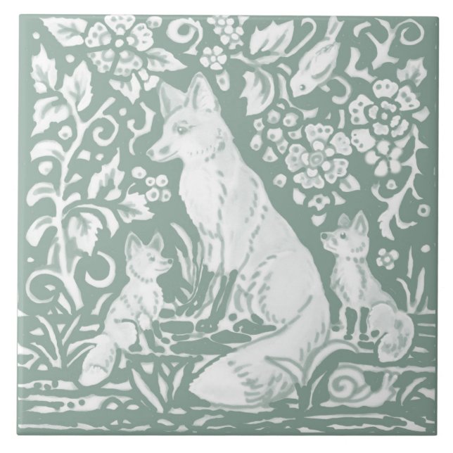 Azulejo Familia Fox Sage Green Woodland Forest Foliage (Frente)