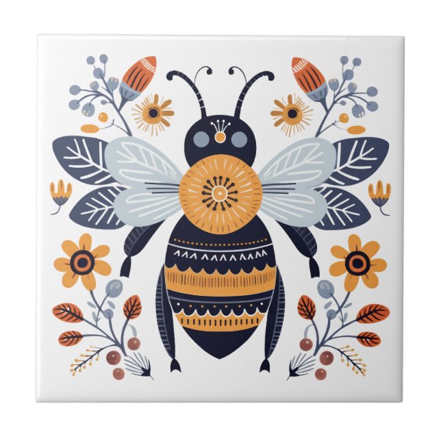 Azulejo Fancy Boho Honey Bee Arte Popular Escandinavo (Frente)