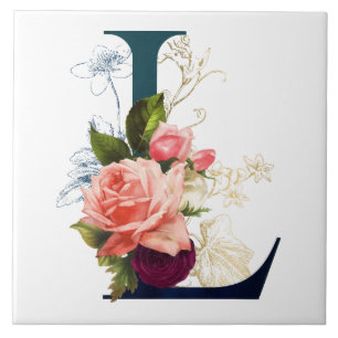 Azulejo Fancy Floral Monograma Letra L Vidrio Coaster