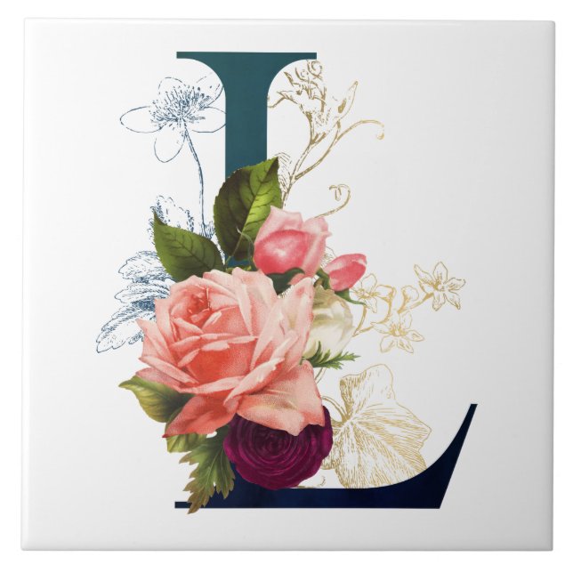 Azulejo Fancy Floral Monograma Letra L Vidrio Coaster (Frente)
