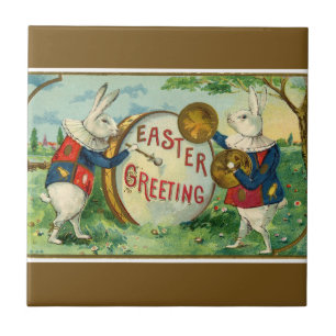 Azulejo Fancy White Easter Bunnies Dark Brown