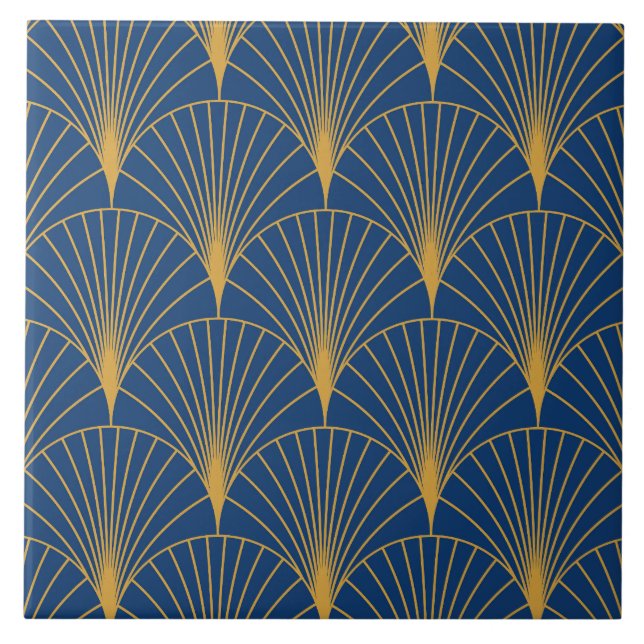 Azulejo Fans geométricos de oro del Art Deco sobre azul ma (Frente)