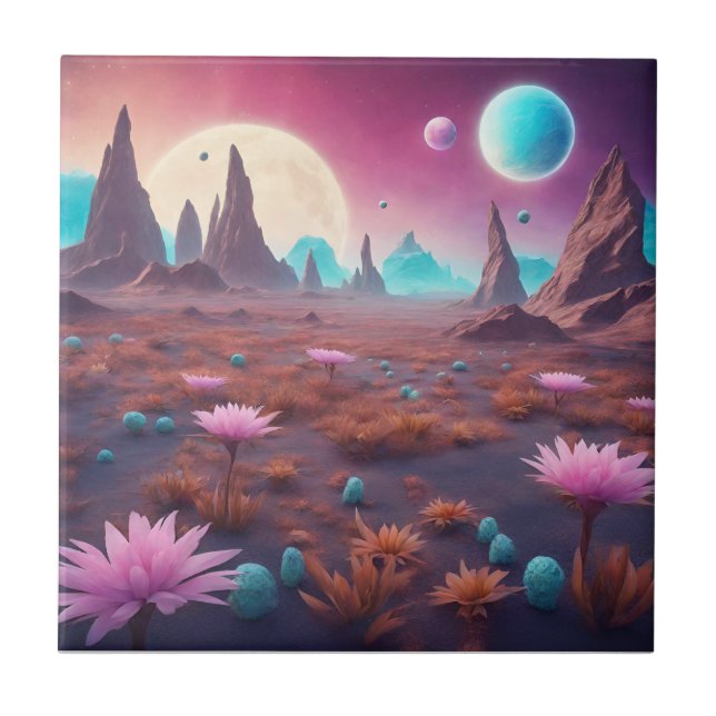 Azulejo Fantasía ajena al paisaje del planeta con flores (Frente)