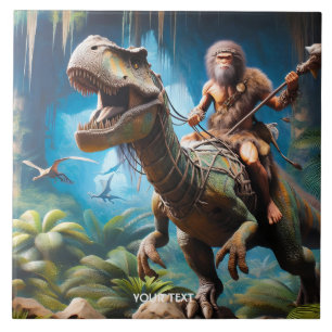 Azulejo Fantasía Cute Neanderthal Riding Dinosaur