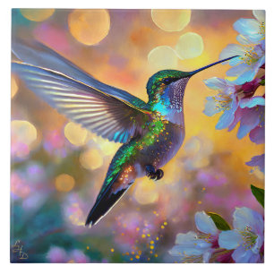 Azulejo Fantasía de Flor de Cerezo Amanecer Colibrí