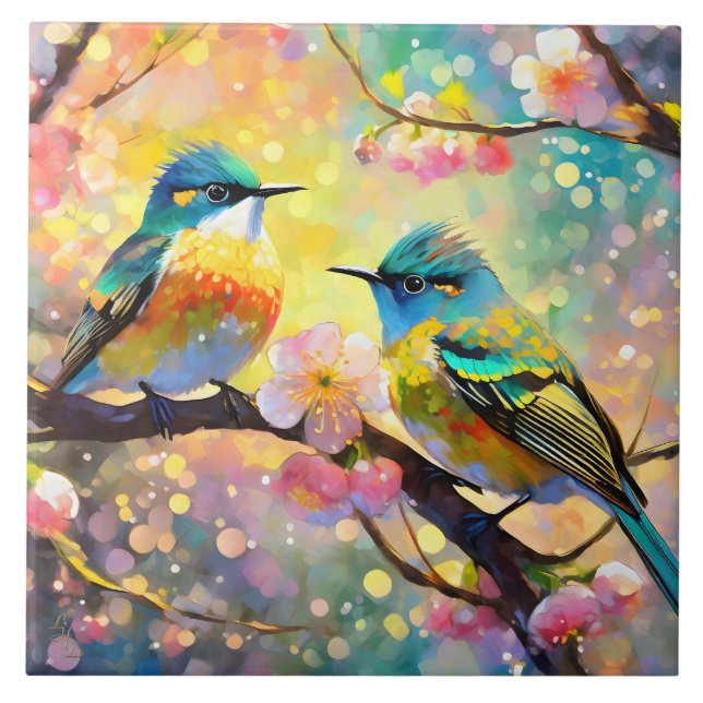 Azulejo Fantasía de Flor de Cerezo Amanecer Pájaros Cantor (Frente)