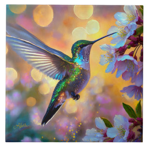 Azulejo Fantasía de flor de cerezo Colibrí