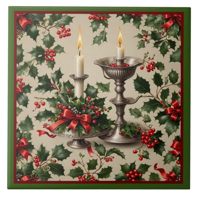 Azulejo Fantasía de Navidad Holly y Velas (Frente)