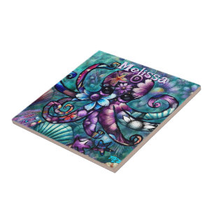 Azulejo Fantasía de Octopus floral Verde azulada personali