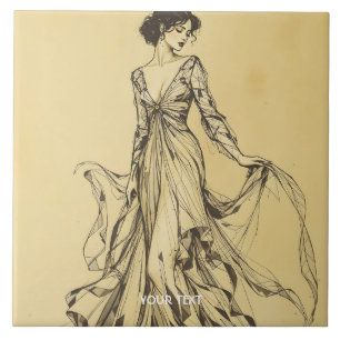 Azulejo Fantasía Dibujo de Lápiz de Dama Cuta